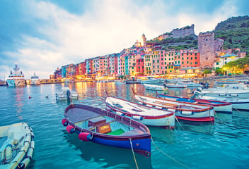 Mystic landscape of the harbor with colorful houses and the boats in Porto Venero, Italy,