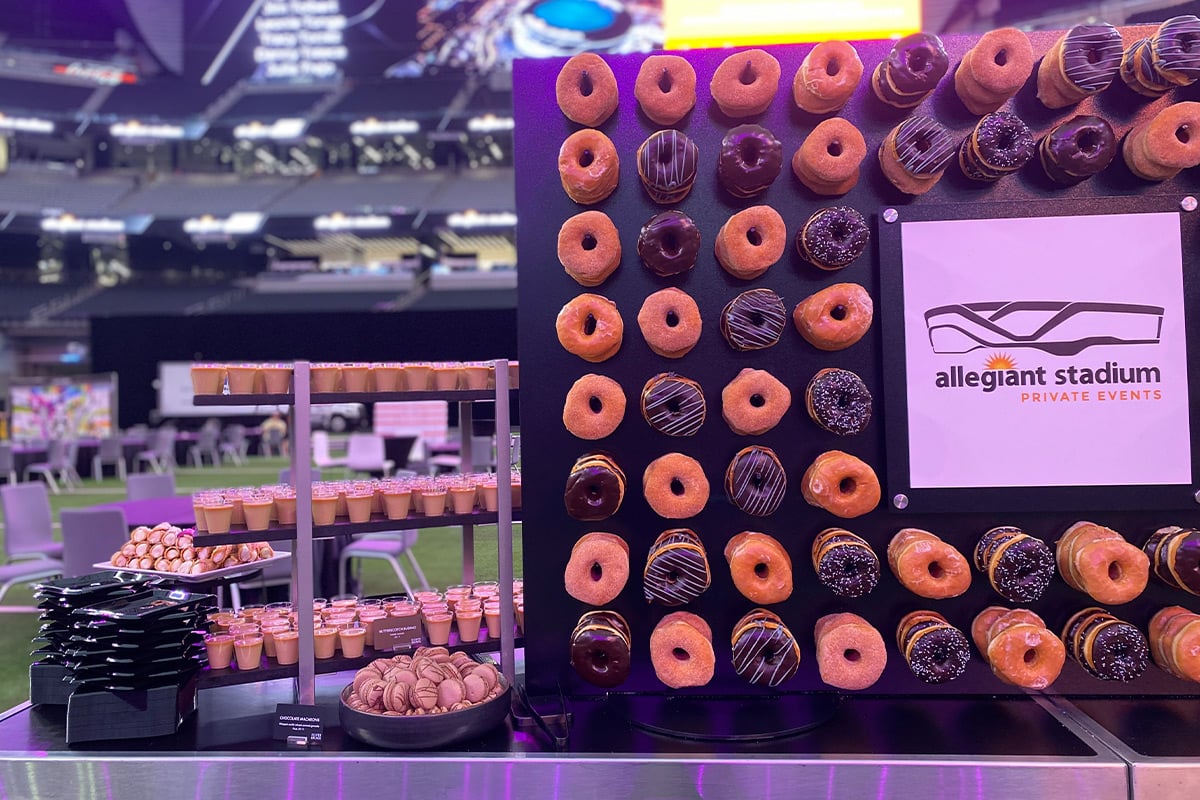 Donut wall display and dessert station at Allegiant Stadium event in Las Vegas