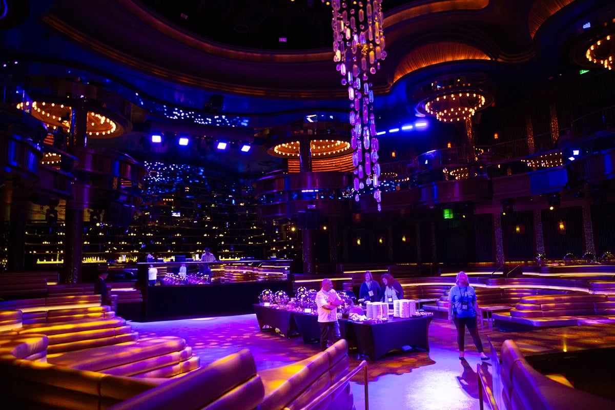 Circular stage with purple and blue lighting in Las Vegas nightclub venue