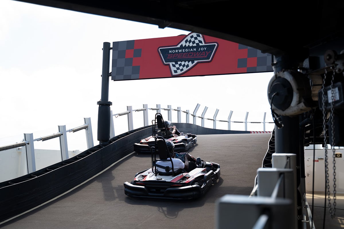 Go-karts on Norwegian Joy Speedway track aboard cruise ship